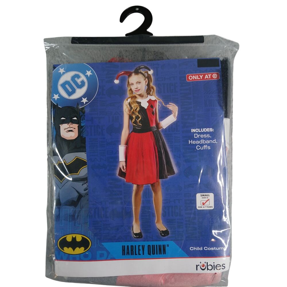 DC Harley Quinn Costume Girls Small (6) Batman Dress Headband Cuffs NWT